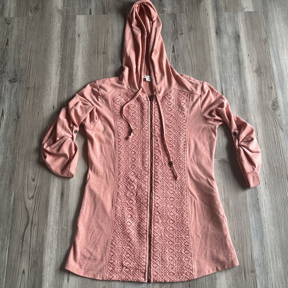 Simply Noelle 3/4 Sleeve Hooded Zip Up With Embroidered Detail Pockets Size S/M
